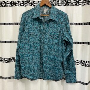 Wrangler Western Shirt Womens XL Teal Brown Leopard Print Long Sleeve